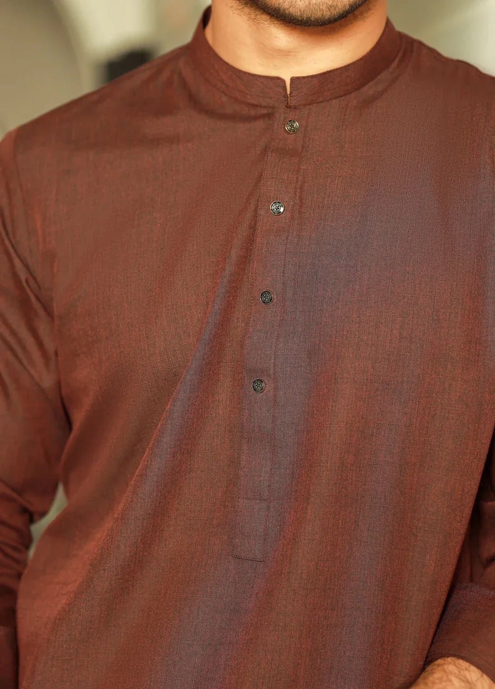 Stitching Cotton RTW Men Poly Kameez Shalwar Suit Vintage Dark Mahroon - Casual Collection