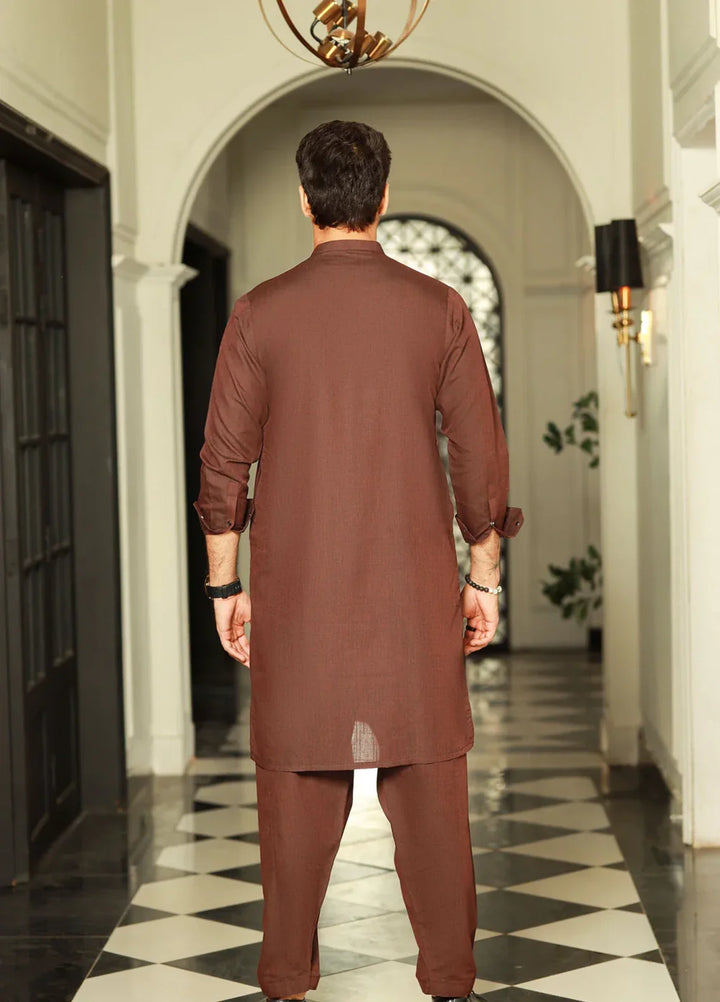 Stitching Cotton RTW Men Poly Kameez Shalwar Suit Vintage Dark Mahroon - Casual Collection
