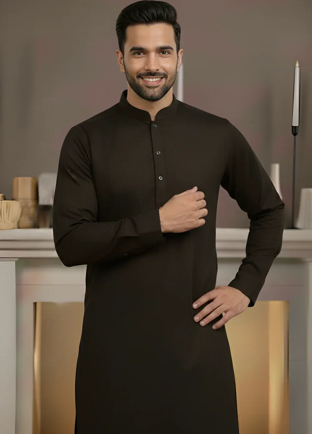 Stitching Cotton RTW Men Poly Kameez Shalwar Suit Vintage Charcoal - Casual Collection