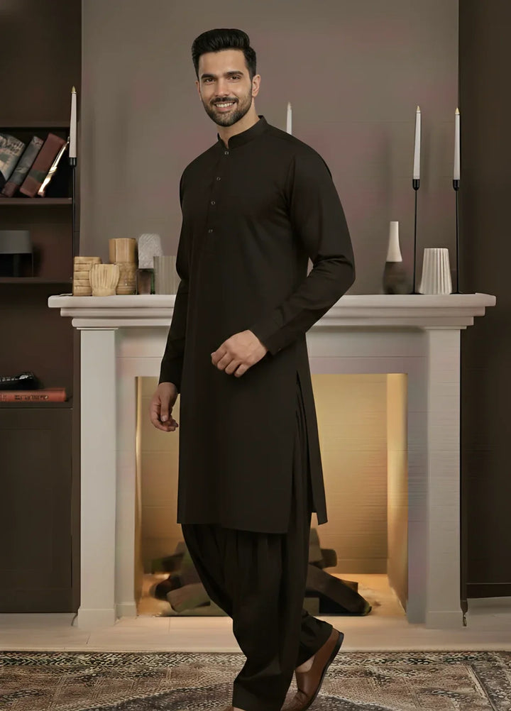 Stitching Cotton RTW Men Poly Kameez Shalwar Suit Vintage Charcoal - Casual Collection