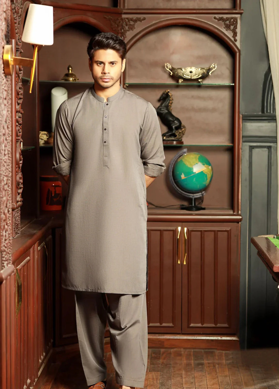 Stitching Cotton RTW Men Poly Kameez Shalwar Suit Vintage Grey - Casual Collection
