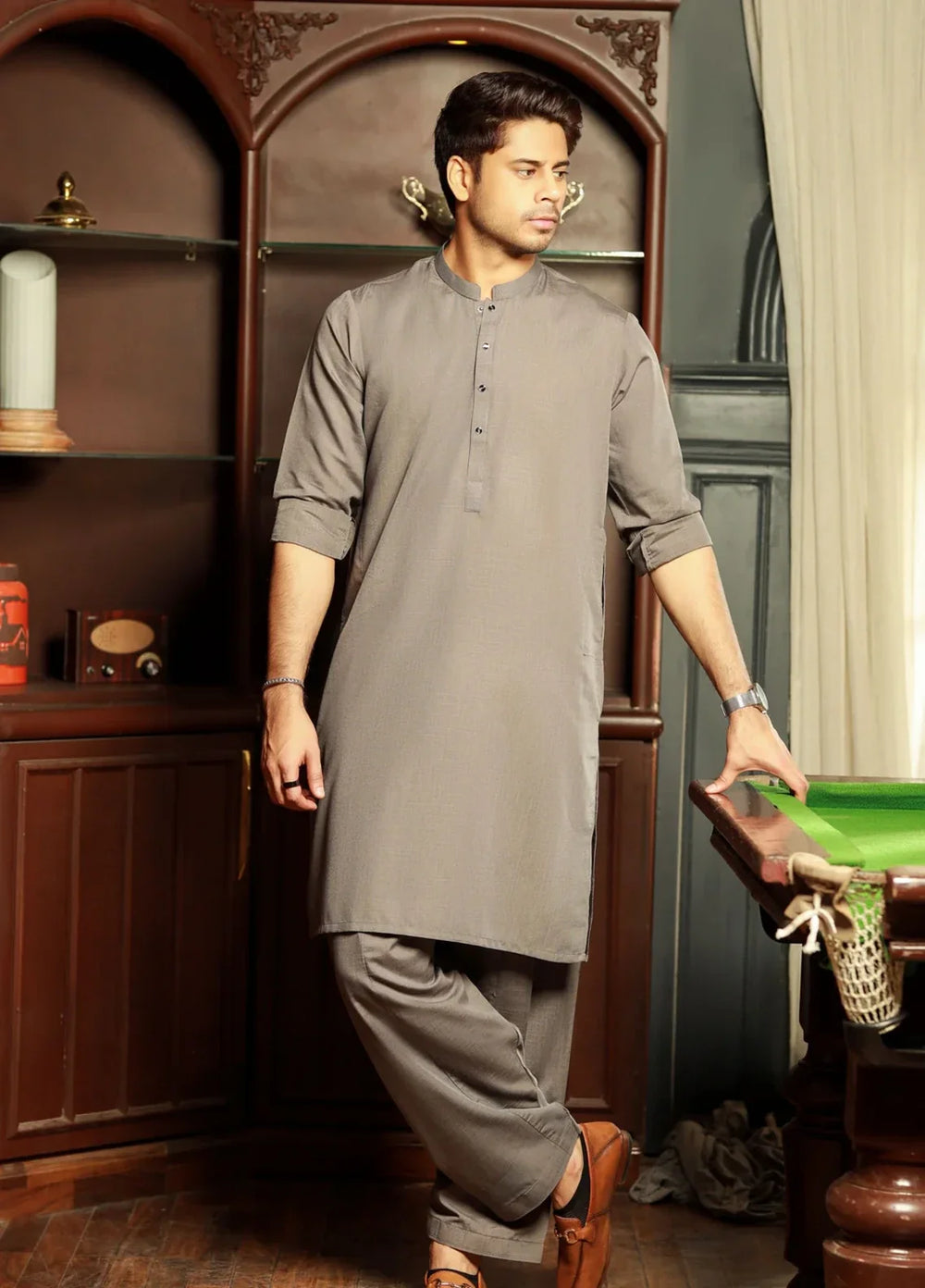 Stitching Cotton RTW Men Poly Kameez Shalwar Suit Vintage Grey - Casual Collection