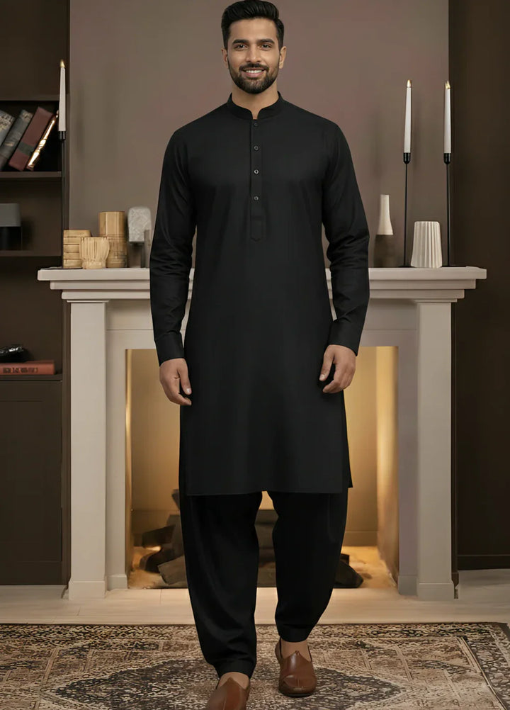 Stitching Cotton RTW Men Poly Kameez Shalwar Suit Vintage Black - Casual Collection