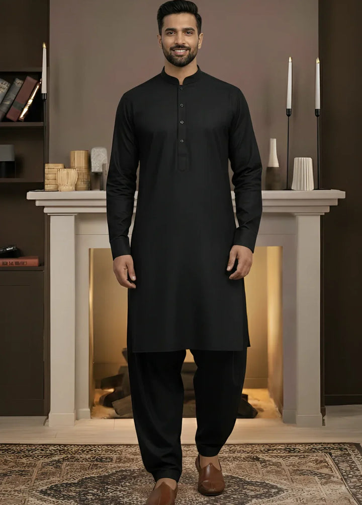 Stitching Cotton RTW Men Poly Kameez Shalwar Suit Vintage Black - Casual Collection