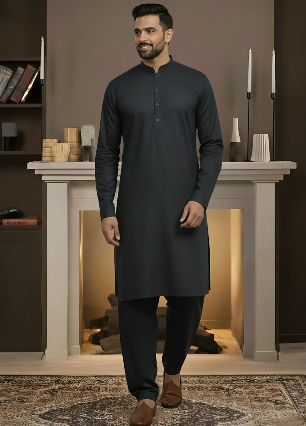 Stitching Cotton RTW Men Poly Kameez Shalwar Suit Vintage Navy Black - Casual Collection