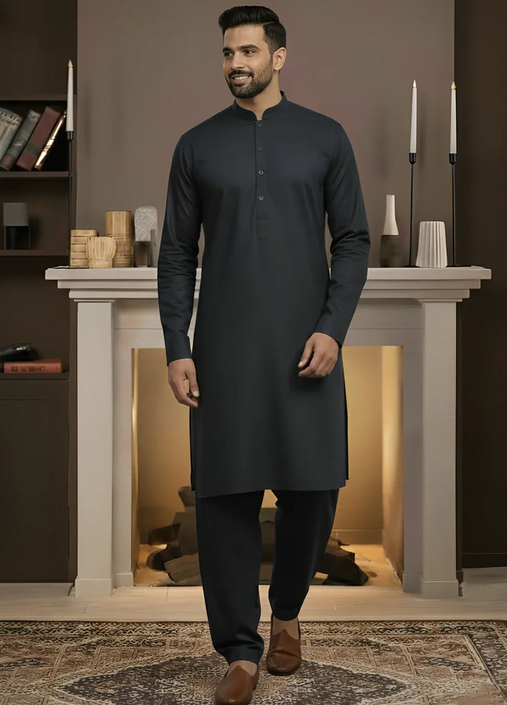 Stitching Cotton RTW Men Poly Kameez Shalwar Suit Vintage Navy Black - Casual Collection