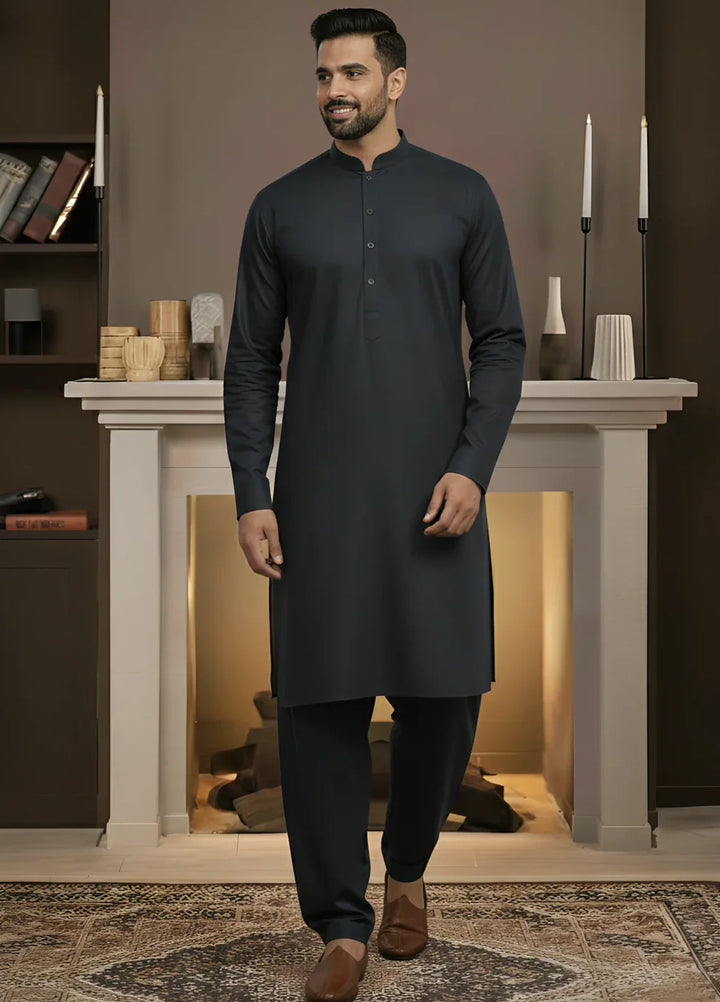 Stitching Cotton RTW Men Poly Kameez Shalwar Suit Vintage Navy Black - Casual Collection