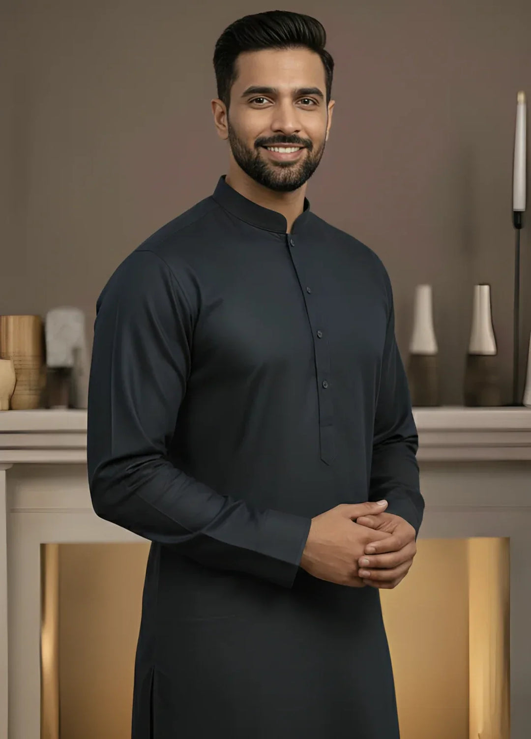 Stitching Cotton RTW Men Poly Kameez Shalwar Suit Vintage Navy Black - Casual Collection