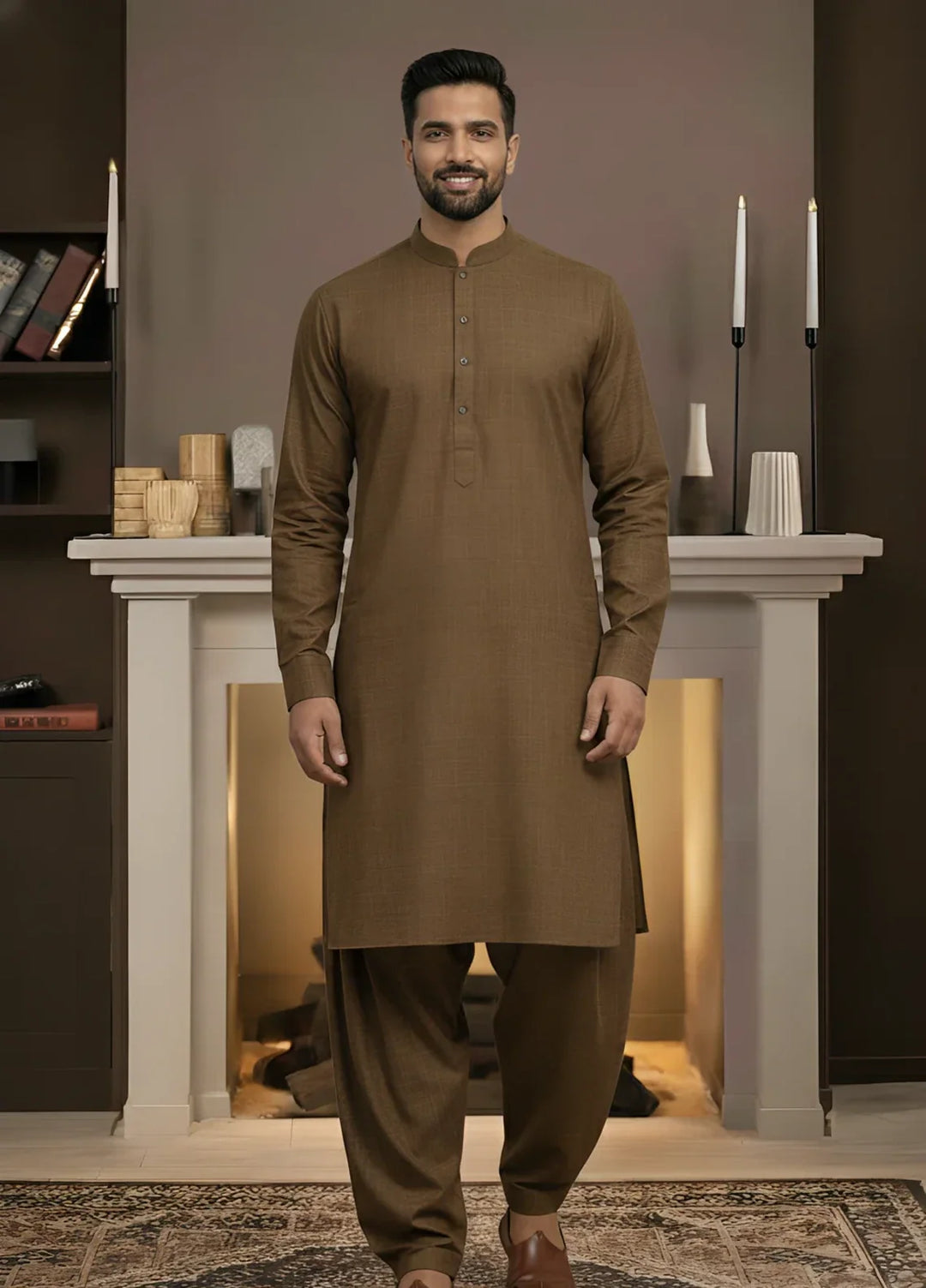 Stitching Cotton RTW Men Poly Kameez Shalwar Suit Vintage Brown - Casual Collection