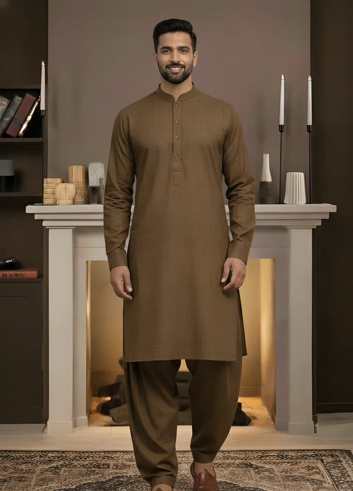 Stitching Cotton RTW Men Poly Kameez Shalwar Suit Vintage Brown - Casual Collection