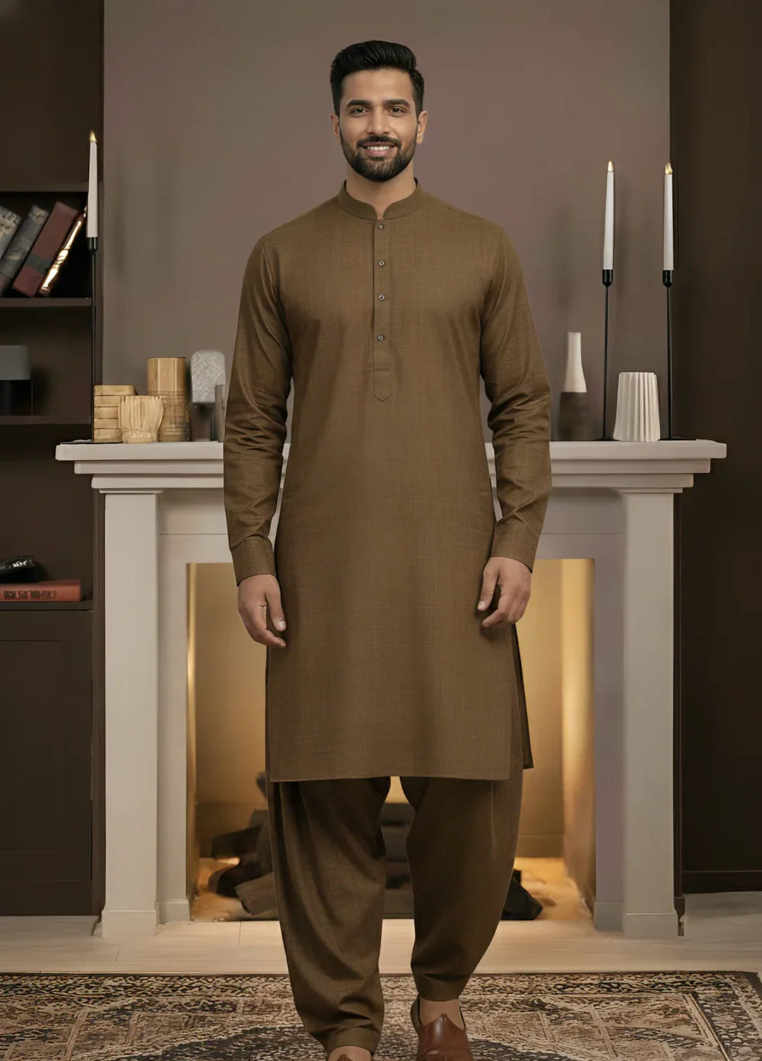 Stitching Cotton RTW Men Poly Kameez Shalwar Suit Vintage Brown - Casual Collection