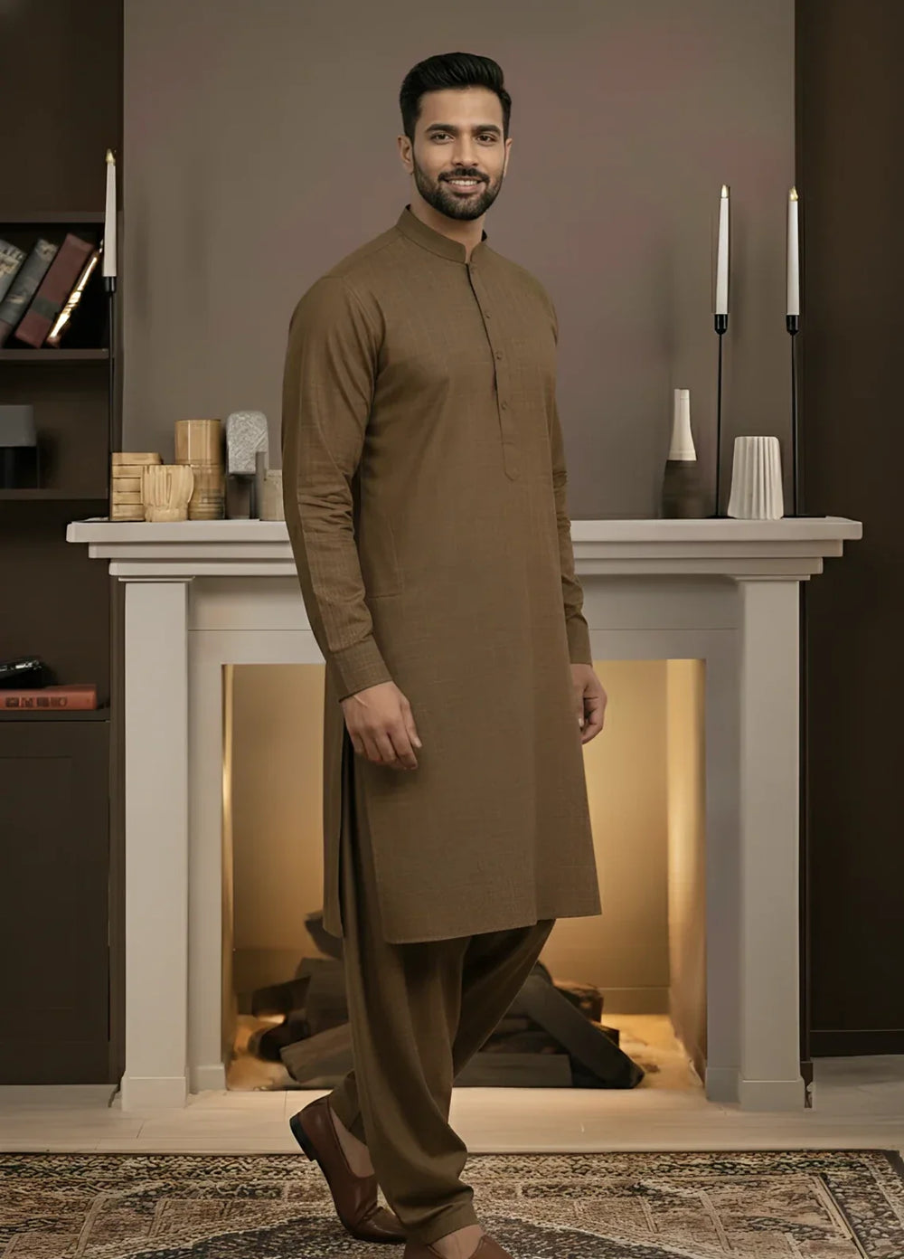 Stitching Cotton RTW Men Poly Kameez Shalwar Suit Vintage Brown - Casual Collection