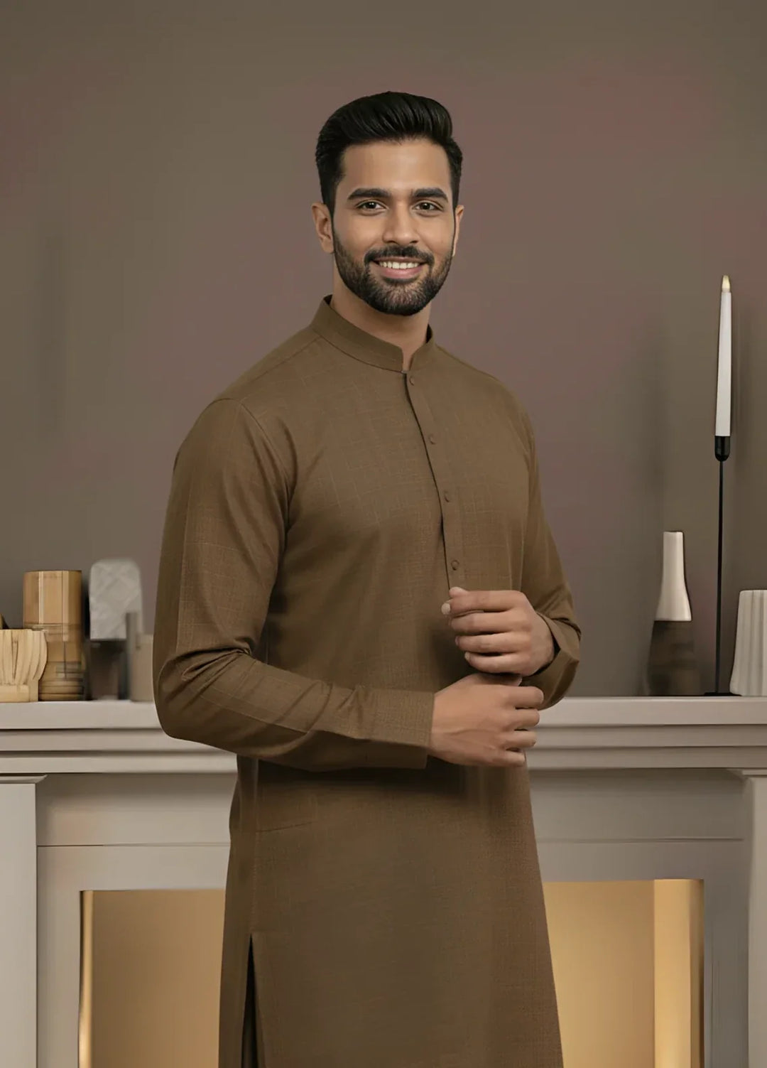 Stitching Cotton RTW Men Poly Kameez Shalwar Suit Vintage Brown - Casual Collection
