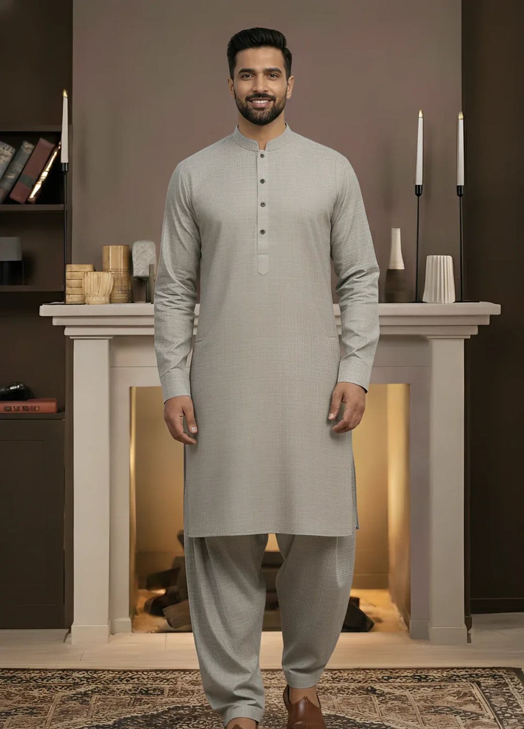 Stitching Cotton RTW Men Poly Kameez Shalwar Suit Vintage Ash Grey - Casual Collection