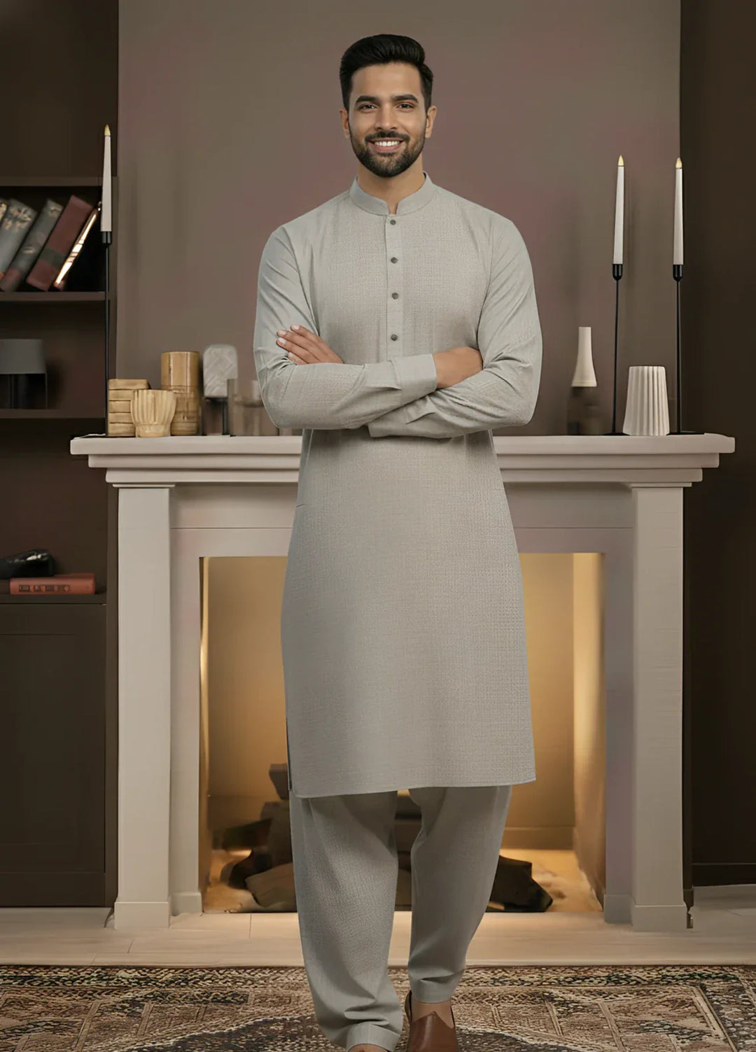 Stitching Cotton RTW Men Poly Kameez Shalwar Suit Vintage Ash Grey - Casual Collection