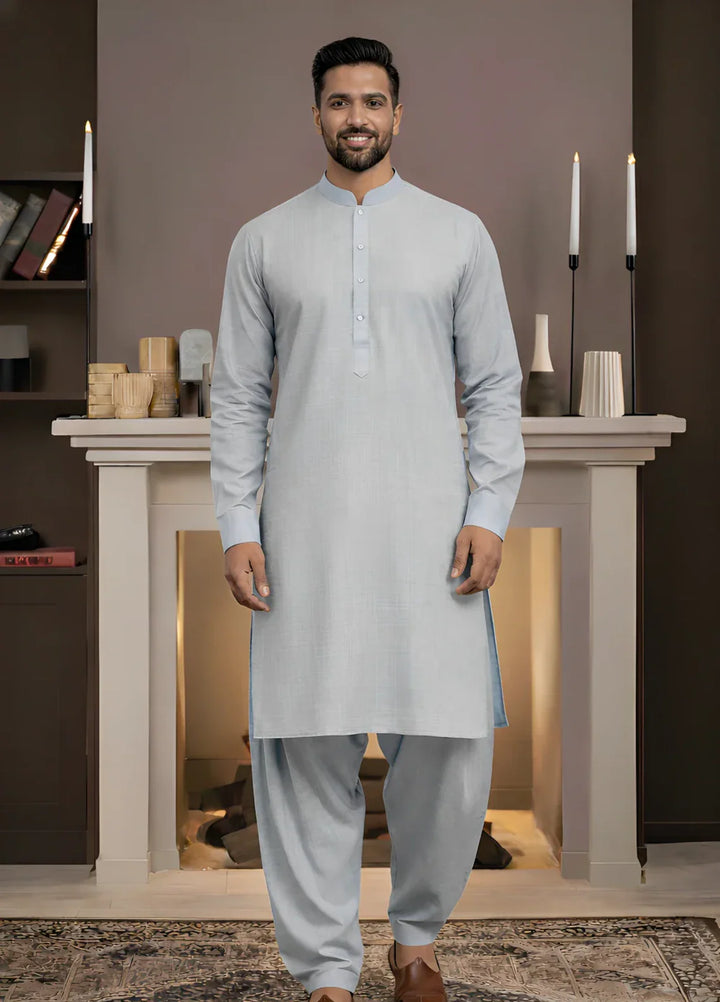 Stitching Cotton RTW Men Poly Kameez Shalwar Suit Vintage Sky - Casual Collection