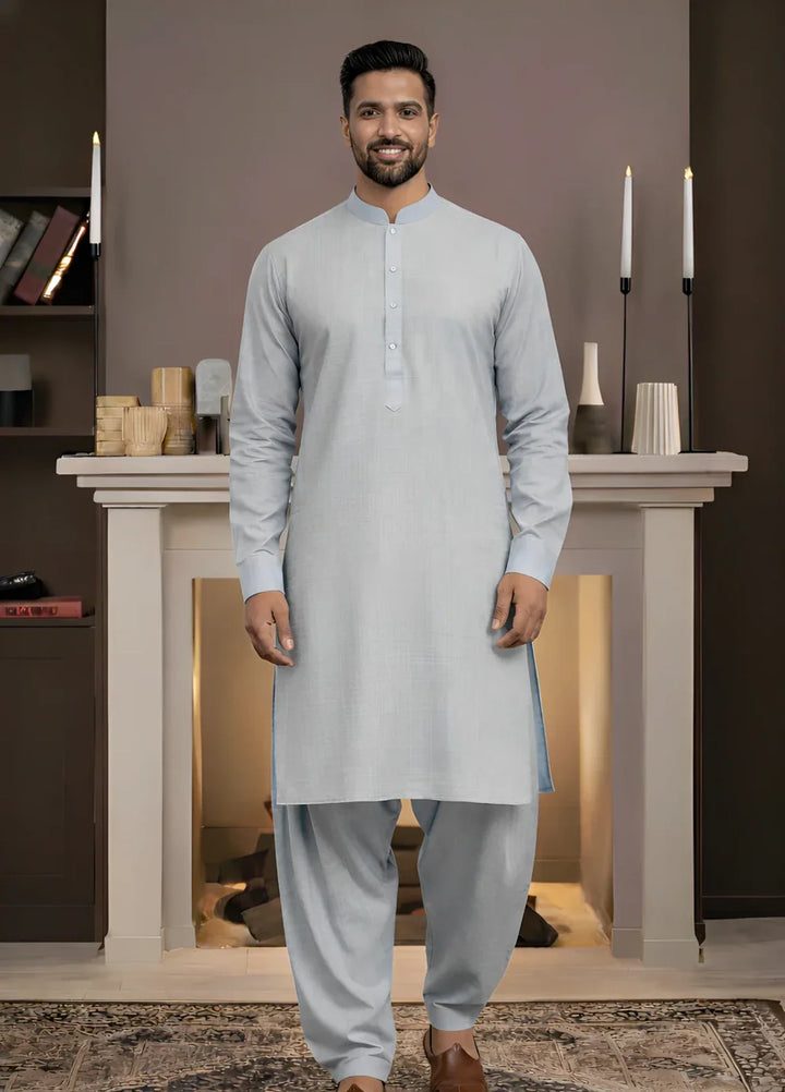 Stitching Cotton RTW Men Poly Kameez Shalwar Suit Vintage Sky - Casual Collection