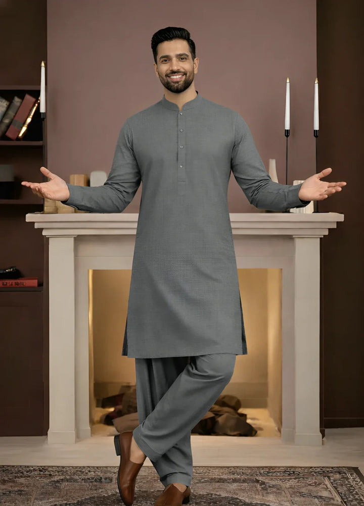 Stitching Cotton RTW Men Poly Kameez Shalwar Suit Vintage D Grey - Casual Collection
