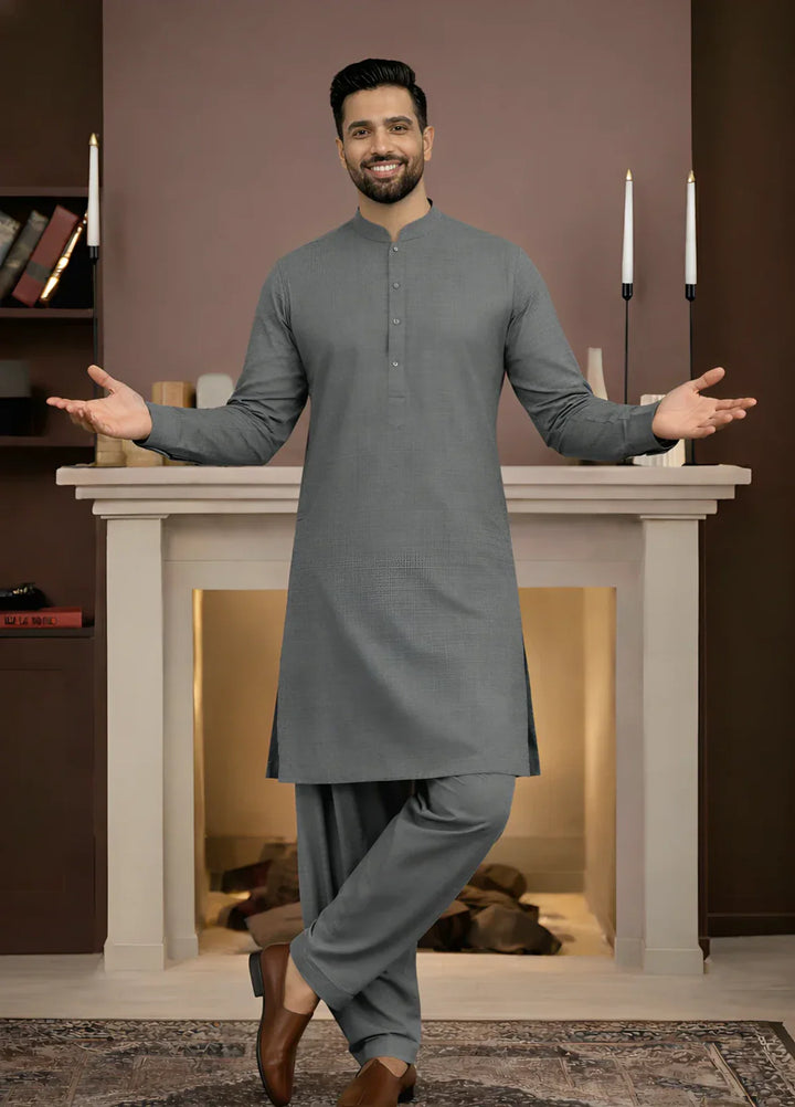 Stitching Cotton RTW Men Poly Kameez Shalwar Suit Vintage D Grey - Casual Collection