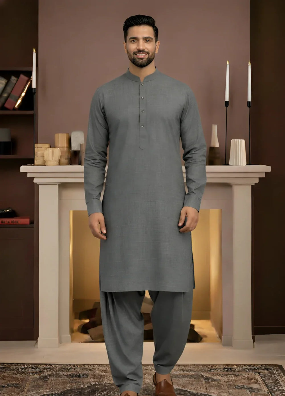 Stitching Cotton RTW Men Poly Kameez Shalwar Suit Vintage D Grey - Casual Collection