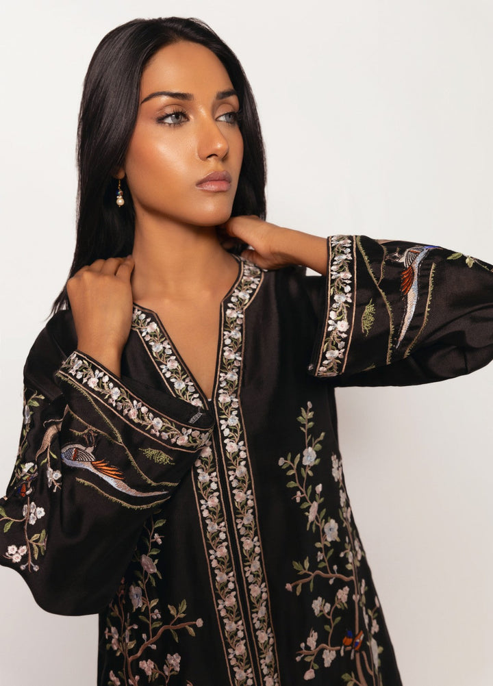 Gulenoor Women RTW Embroidered Sheesha Silk 3 Piece Suit Midnight Birds - Festive Collection
