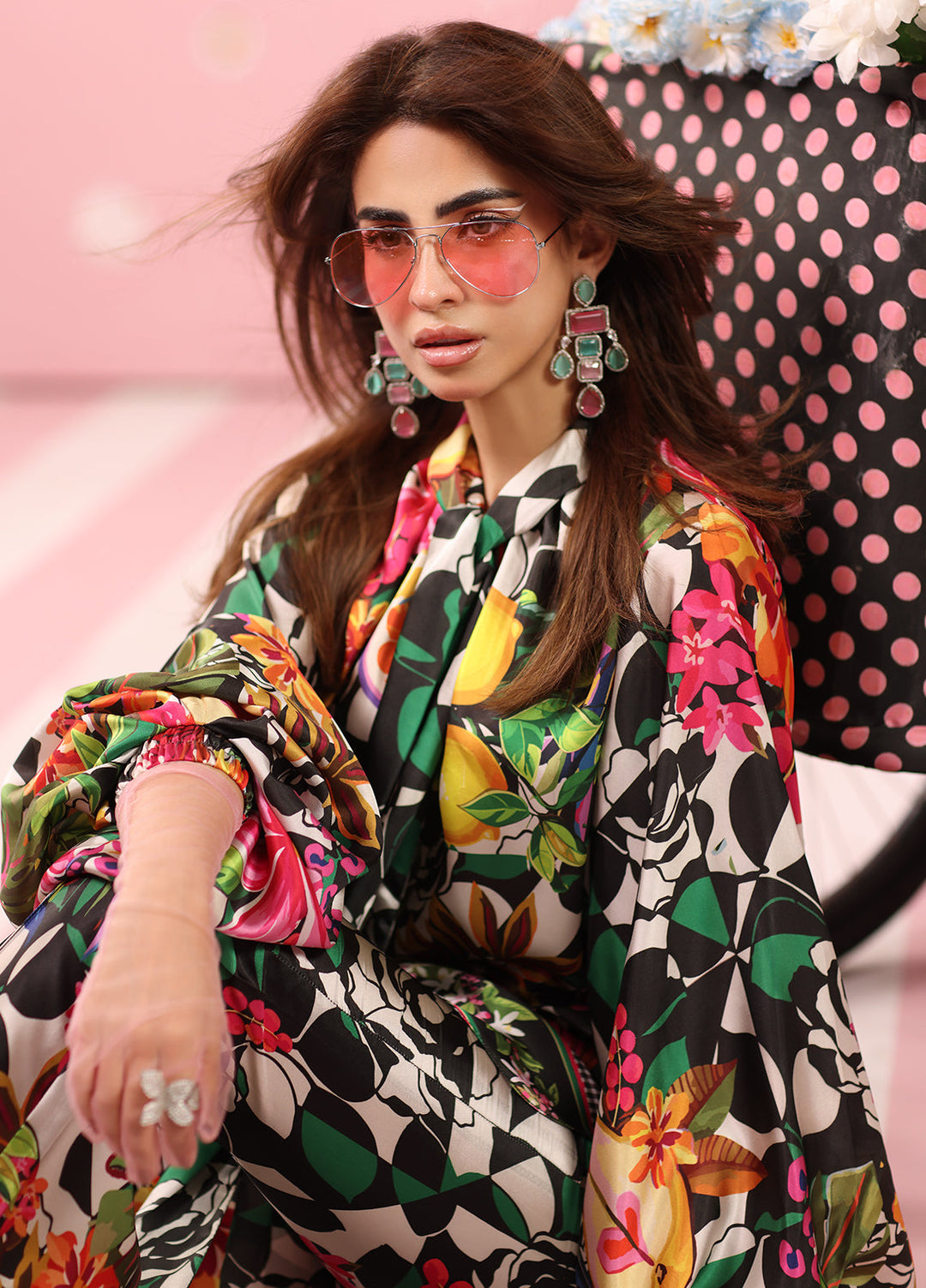 Musferah Saad Women RTW Printed Silk 3 Piece Suit Noir Tropics - Festive Collection