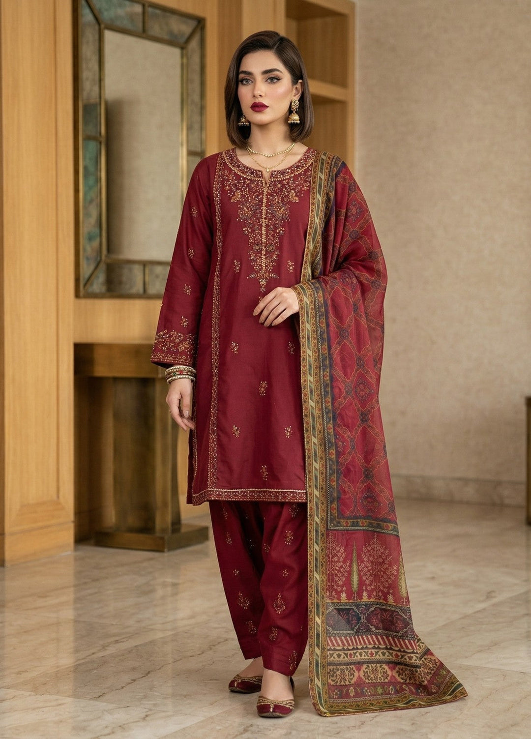 Regalia by Diara Couture RTW Embroidered Lawn 3 Piece Suit FARHEEN ZP-72 MAROON Casual Collection