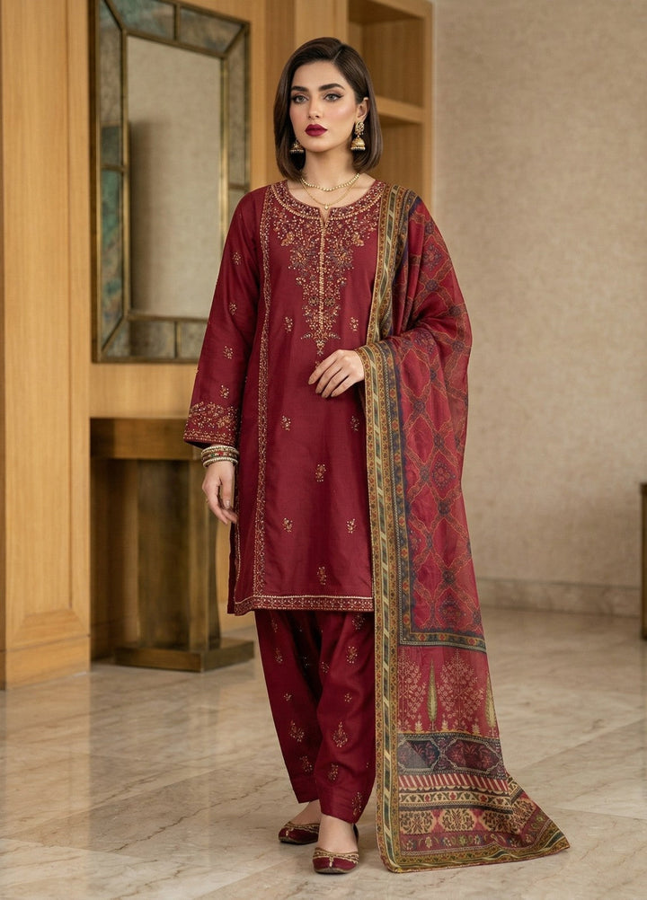 Regalia by Diara Couture RTW Embroidered Lawn 3 Piece Suit FARHEEN ZP-72 MAROON Casual Collection