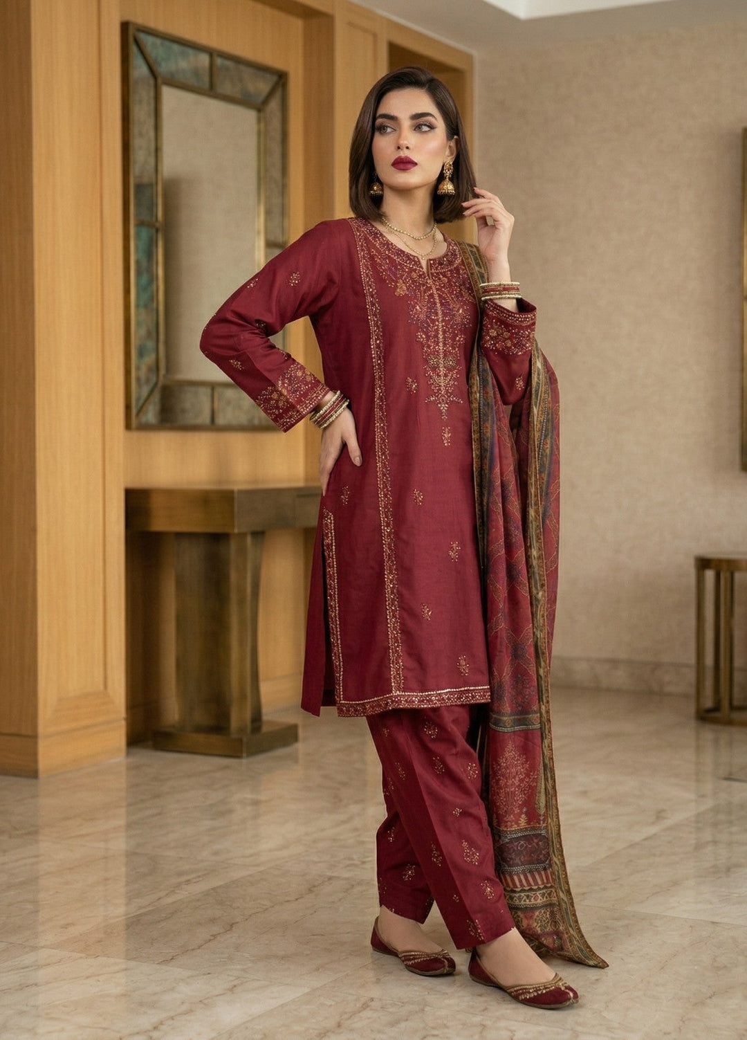 Regalia by Diara Couture RTW Embroidered Lawn 3 Piece Suit FARHEEN ZP-72 MAROON Casual Collection