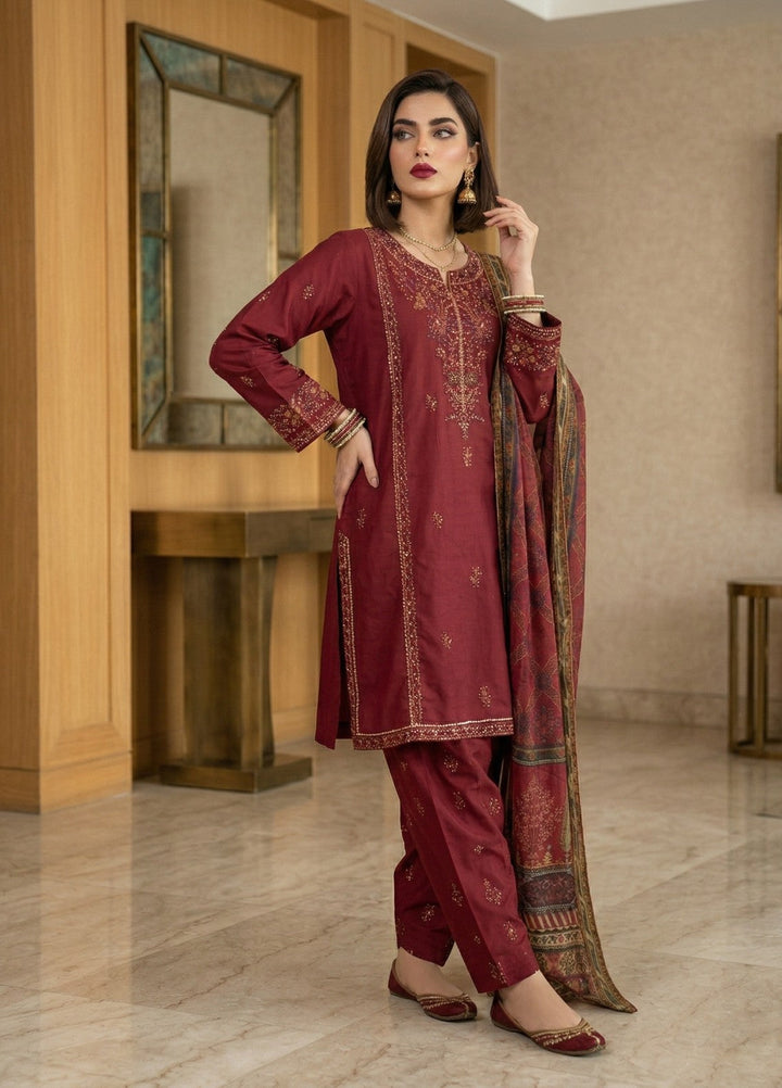 Regalia by Diara Couture RTW Embroidered Lawn 3 Piece Suit FARHEEN ZP-72 MAROON Casual Collection