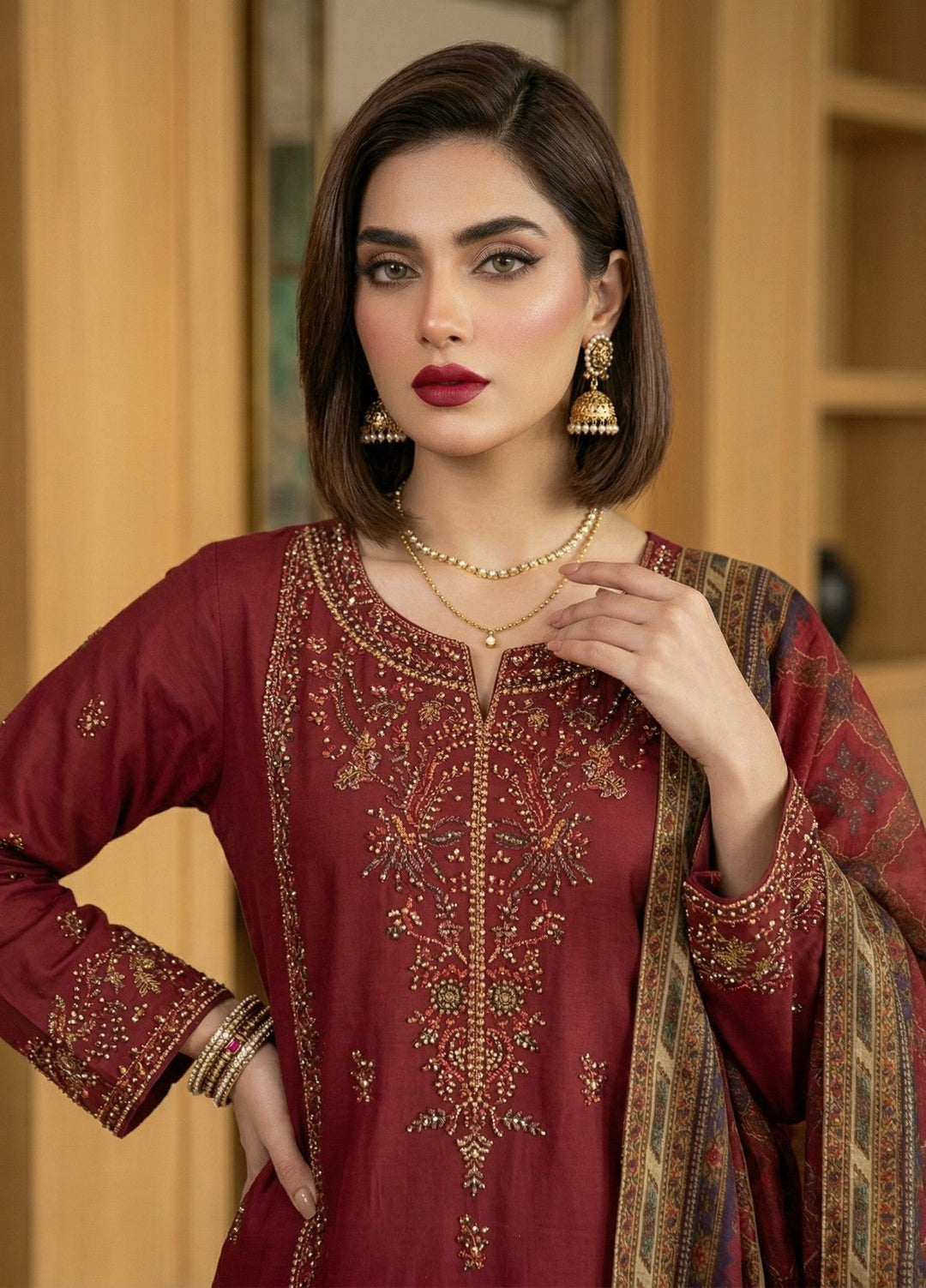 Regalia by Diara Couture RTW Embroidered Lawn 3 Piece Suit FARHEEN ZP-72 MAROON Casual Collection