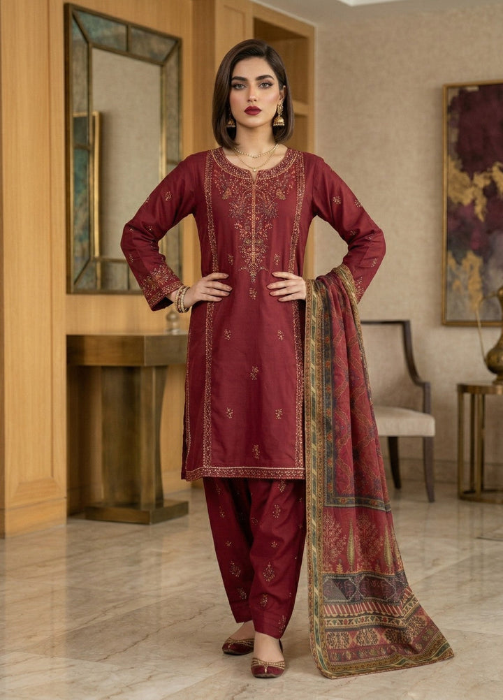 Regalia by Diara Couture RTW Embroidered Lawn 3 Piece Suit FARHEEN ZP-72 MAROON Casual Collection