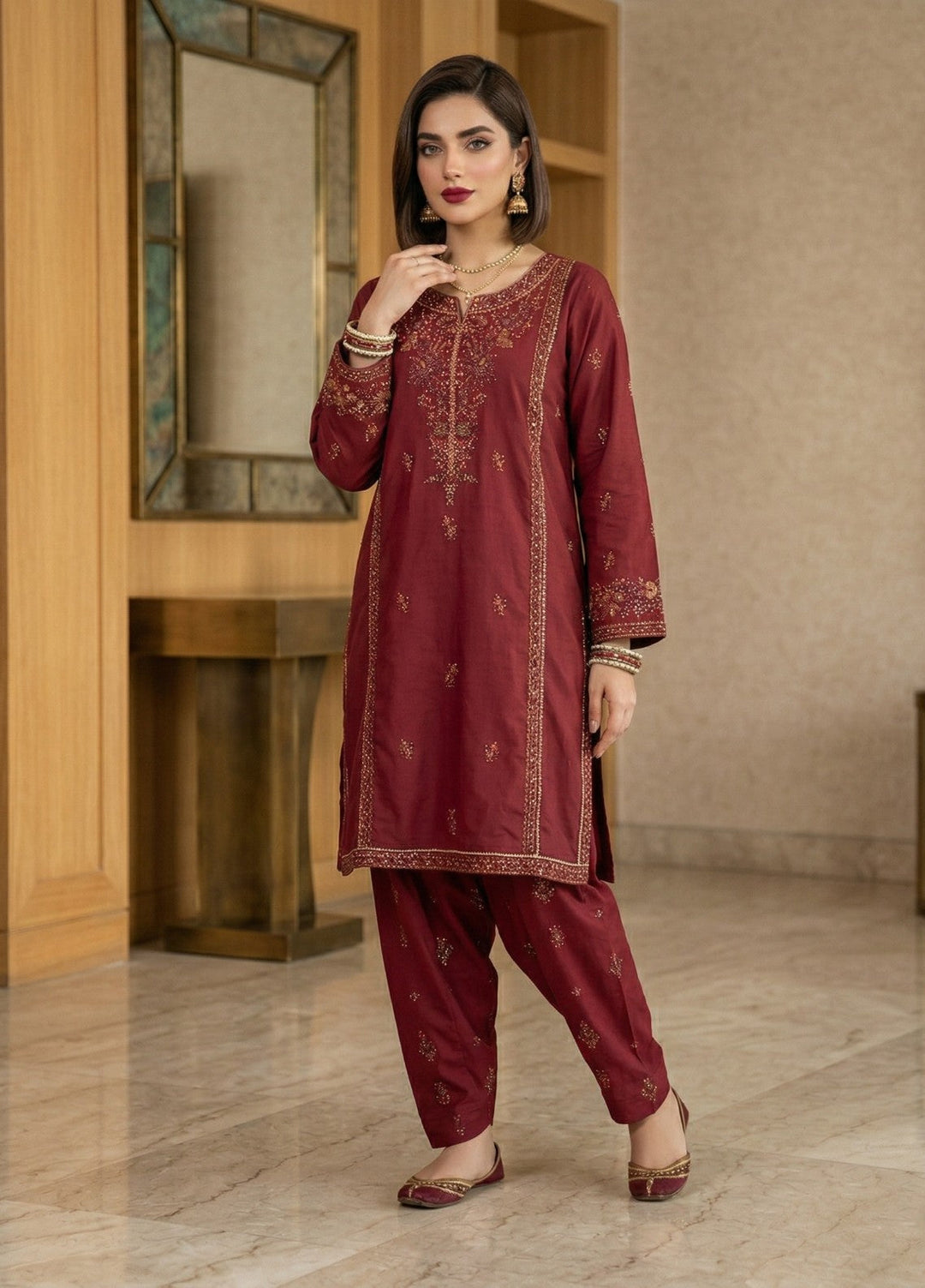 Regalia by Diara Couture RTW Embroidered Lawn 3 Piece Suit FARHEEN ZP-72 MAROON Casual Collection