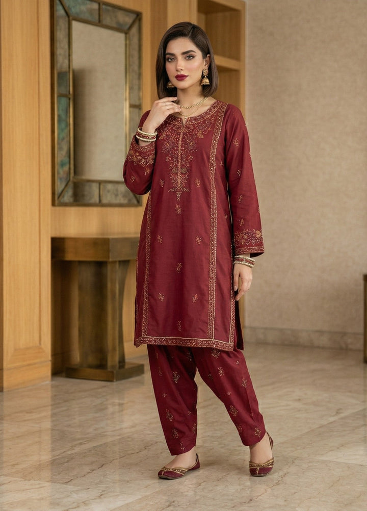 Regalia by Diara Couture RTW Embroidered Lawn 3 Piece Suit FARHEEN ZP-72 MAROON Casual Collection