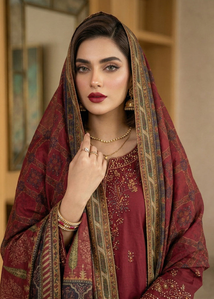 Regalia by Diara Couture RTW Embroidered Lawn 3 Piece Suit FARHEEN ZP-72 MAROON Casual Collection