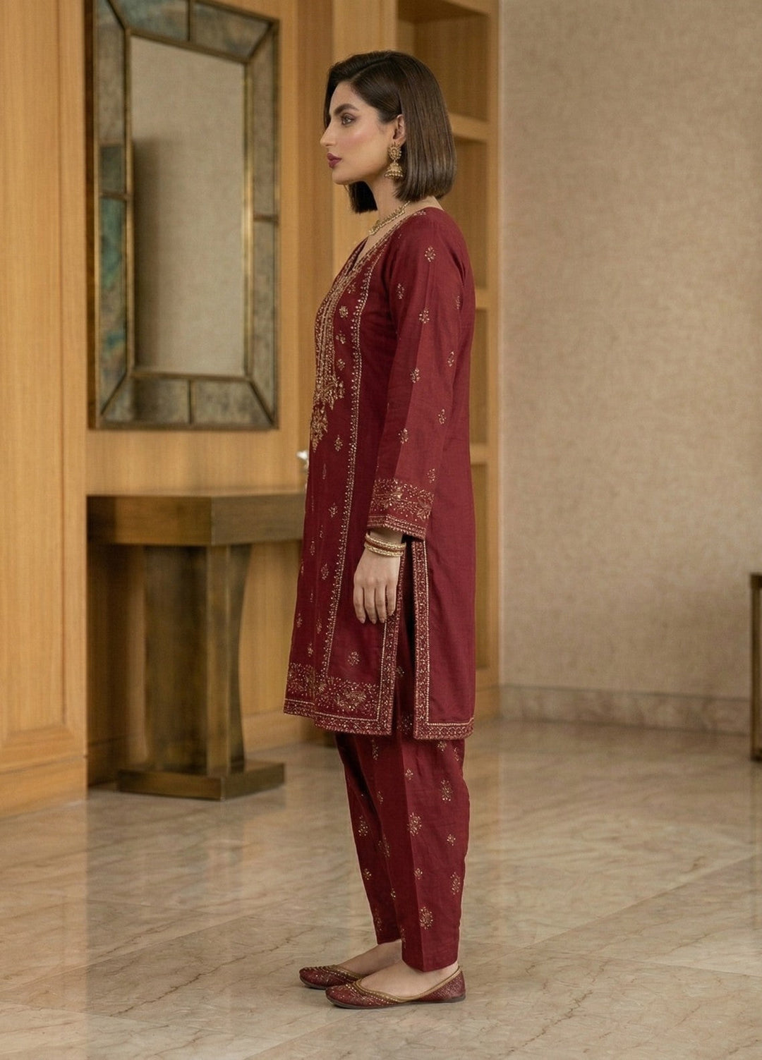 Regalia by Diara Couture RTW Embroidered Lawn 3 Piece Suit FARHEEN ZP-72 MAROON Casual Collection