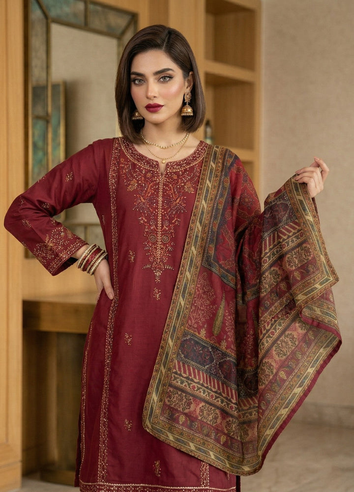 Regalia by Diara Couture RTW Embroidered Lawn 3 Piece Suit FARHEEN ZP-72 MAROON Casual Collection