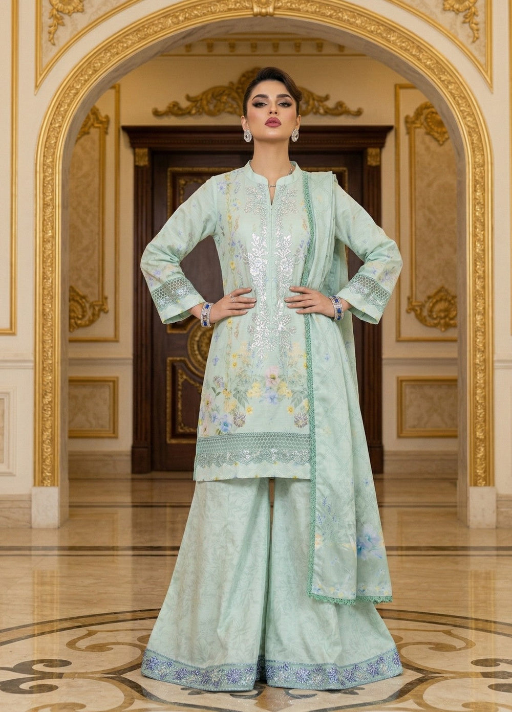 Regalia by Diara Couture RTW Embroidered Raw Silk 3 Piece Suit RANGOLI DPR-04 AQUA - Festive Collection
