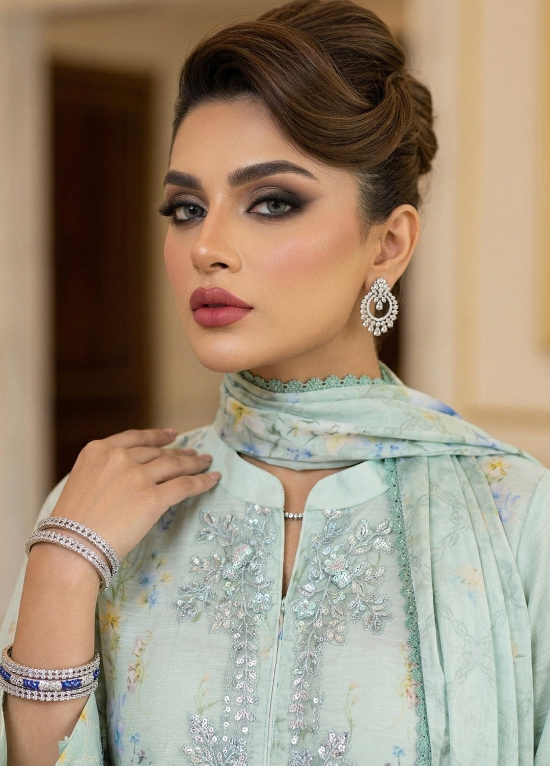 Regalia by Diara Couture RTW Embroidered Raw Silk 3 Piece Suit RANGOLI DPR-04 AQUA - Festive Collection