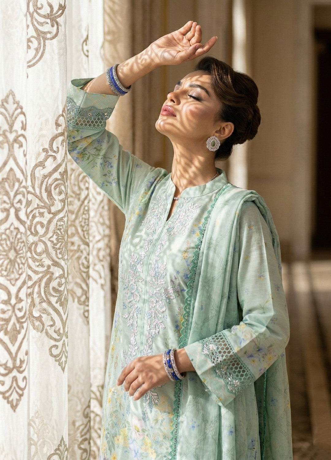 Regalia by Diara Couture RTW Embroidered Raw Silk 3 Piece Suit RANGOLI DPR-04 AQUA - Festive Collection