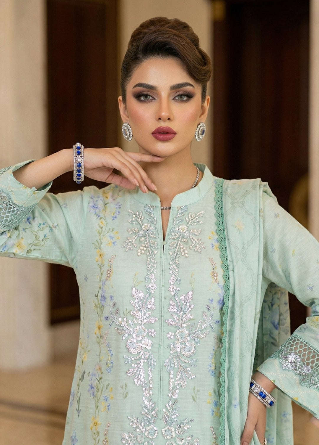 Regalia by Diara Couture RTW Embroidered Raw Silk 3 Piece Suit RANGOLI DPR-04 AQUA - Festive Collection