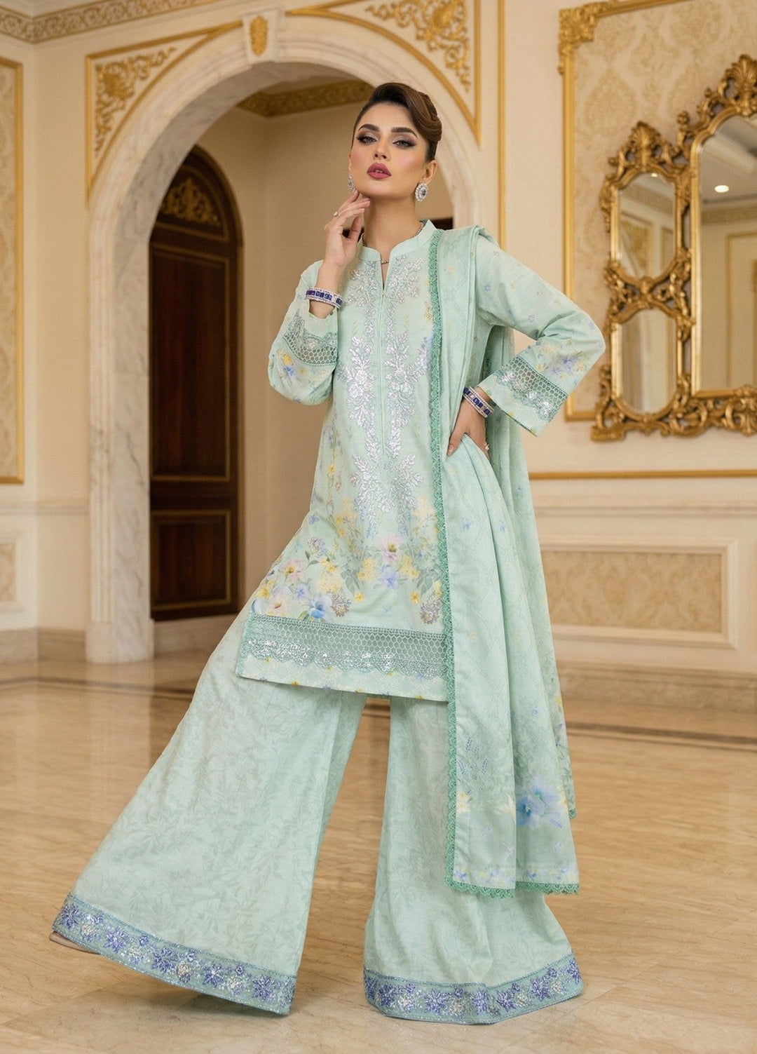 Regalia by Diara Couture RTW Embroidered Raw Silk 3 Piece Suit RANGOLI DPR-04 AQUA - Festive Collection