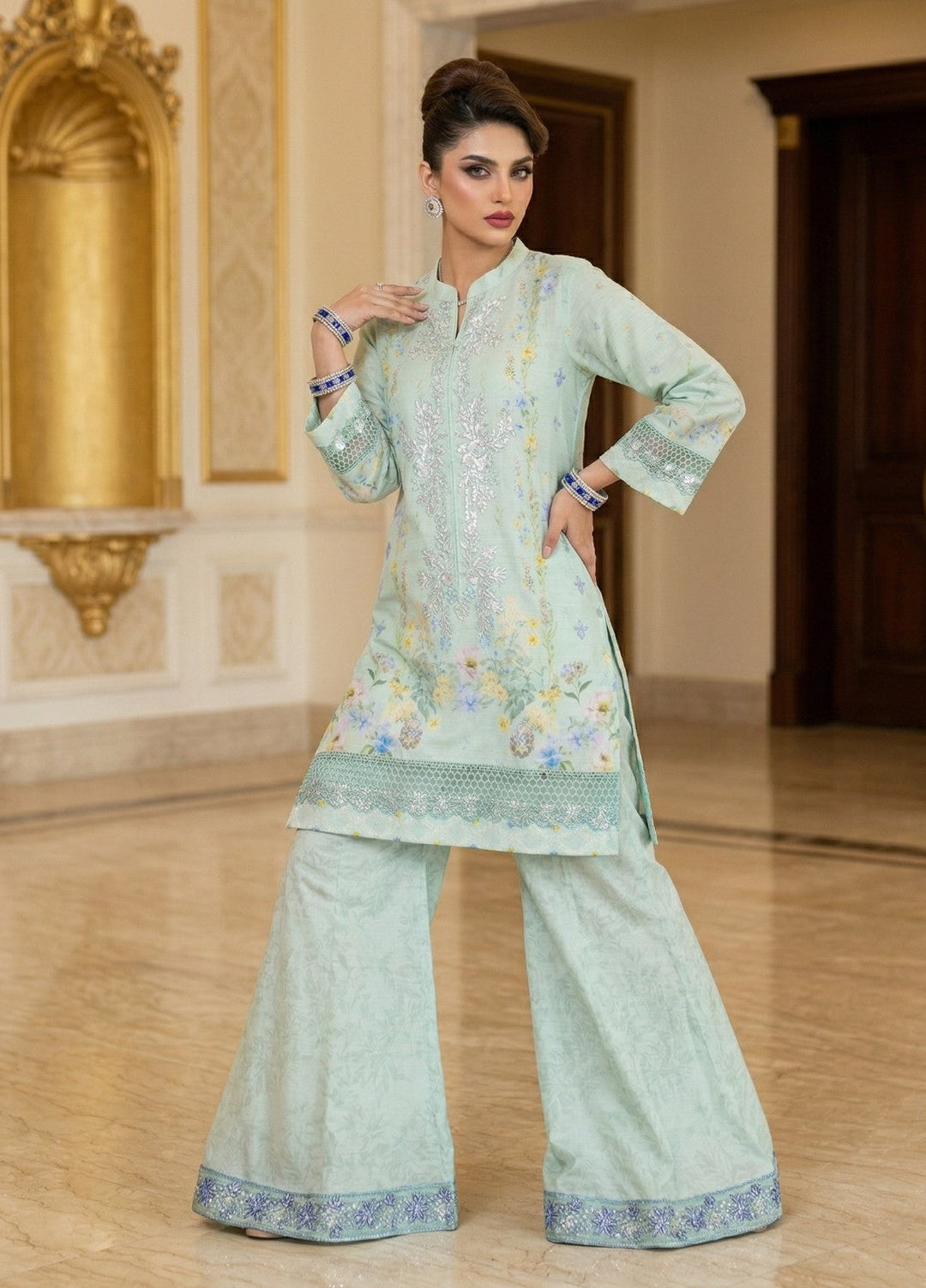 Regalia by Diara Couture RTW Embroidered Raw Silk 3 Piece Suit RANGOLI DPR-04 AQUA - Festive Collection