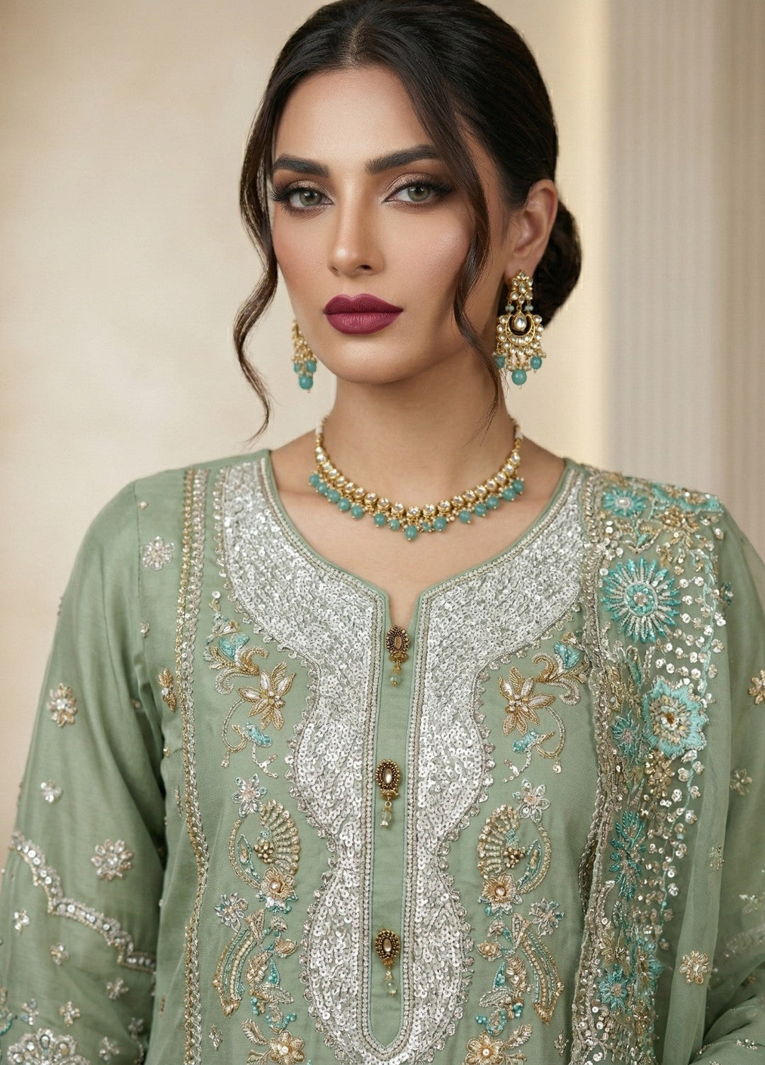 Regalia by Diara Couture RTW Embroidered Organza 3 Piece Suit ALEVRA UN-1004 PASTEL GREEN - Festive Collection