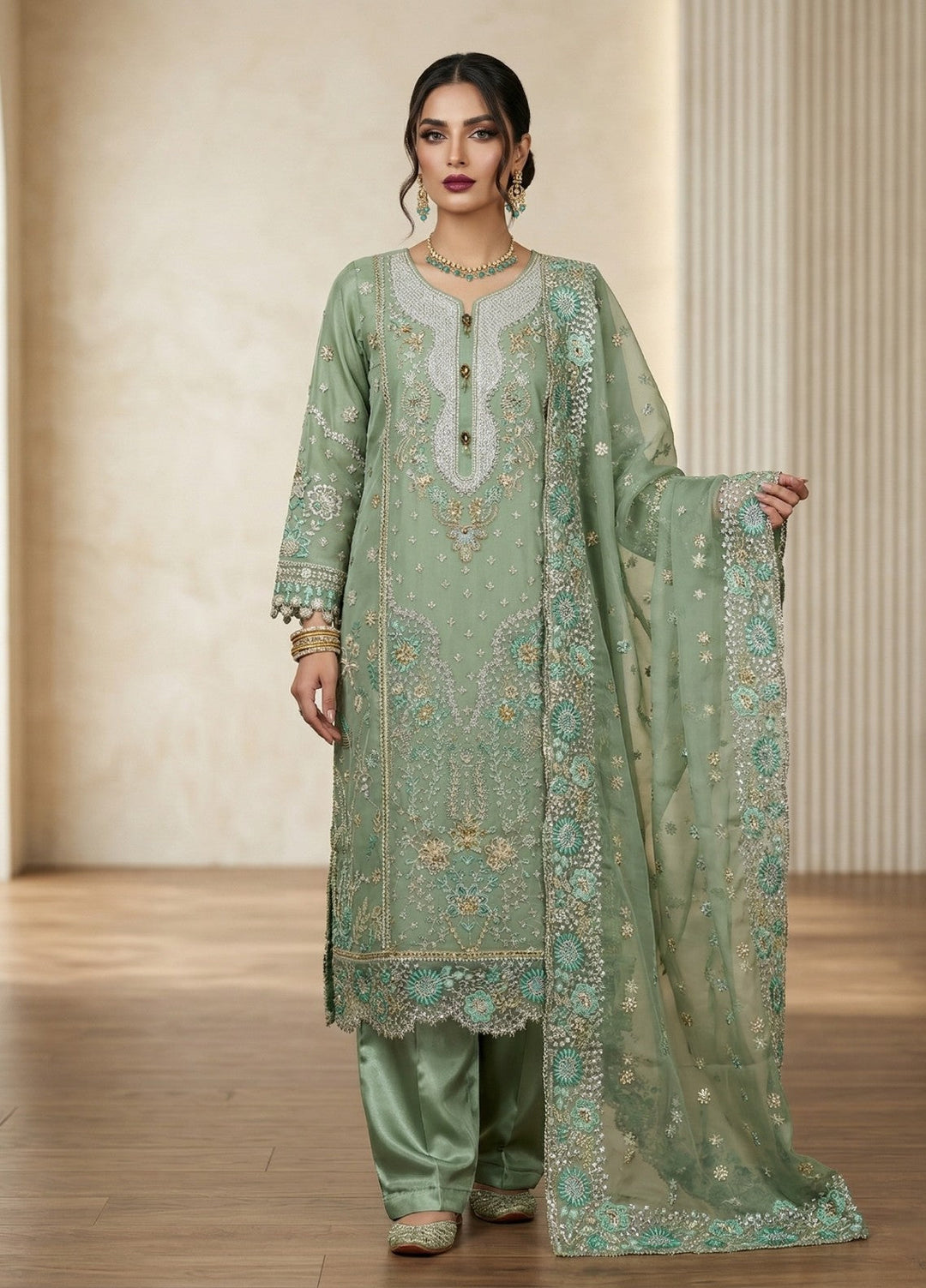 Regalia by Diara Couture RTW Embroidered Organza 3 Piece Suit ALEVRA UN-1004 PASTEL GREEN - Festive Collection