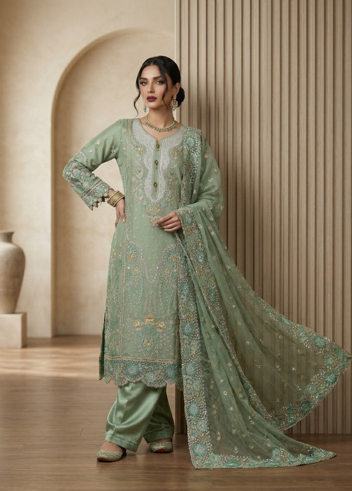 Regalia by Diara Couture RTW Embroidered Organza 3 Piece Suit ALEVRA UN-1004 PASTEL GREEN - Festive Collection