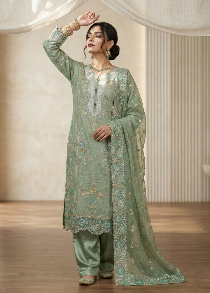 Regalia by Diara Couture RTW Embroidered Organza 3 Piece Suit ALEVRA UN-1004 PASTEL GREEN - Festive Collection