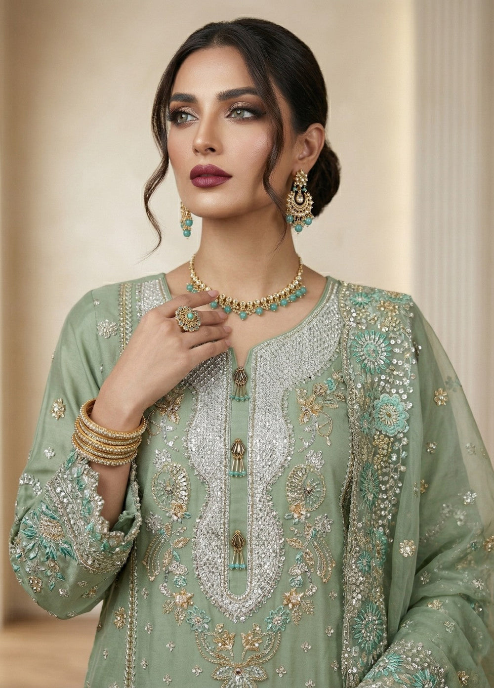 Regalia by Diara Couture RTW Embroidered Organza 3 Piece Suit ALEVRA UN-1004 PASTEL GREEN - Festive Collection