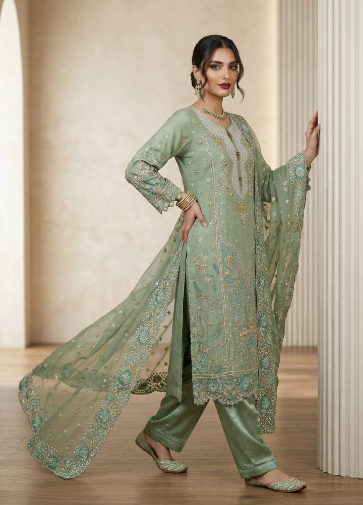 Regalia by Diara Couture RTW Embroidered Organza 3 Piece Suit ALEVRA UN-1004 PASTEL GREEN - Festive Collection