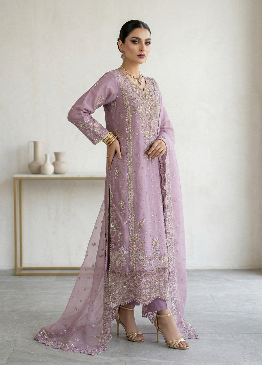 Regalia by Diara Couture RTW Embroidered Organza 3 Piece Suit RAHEELA UN-1003 GREY - Festive Collection